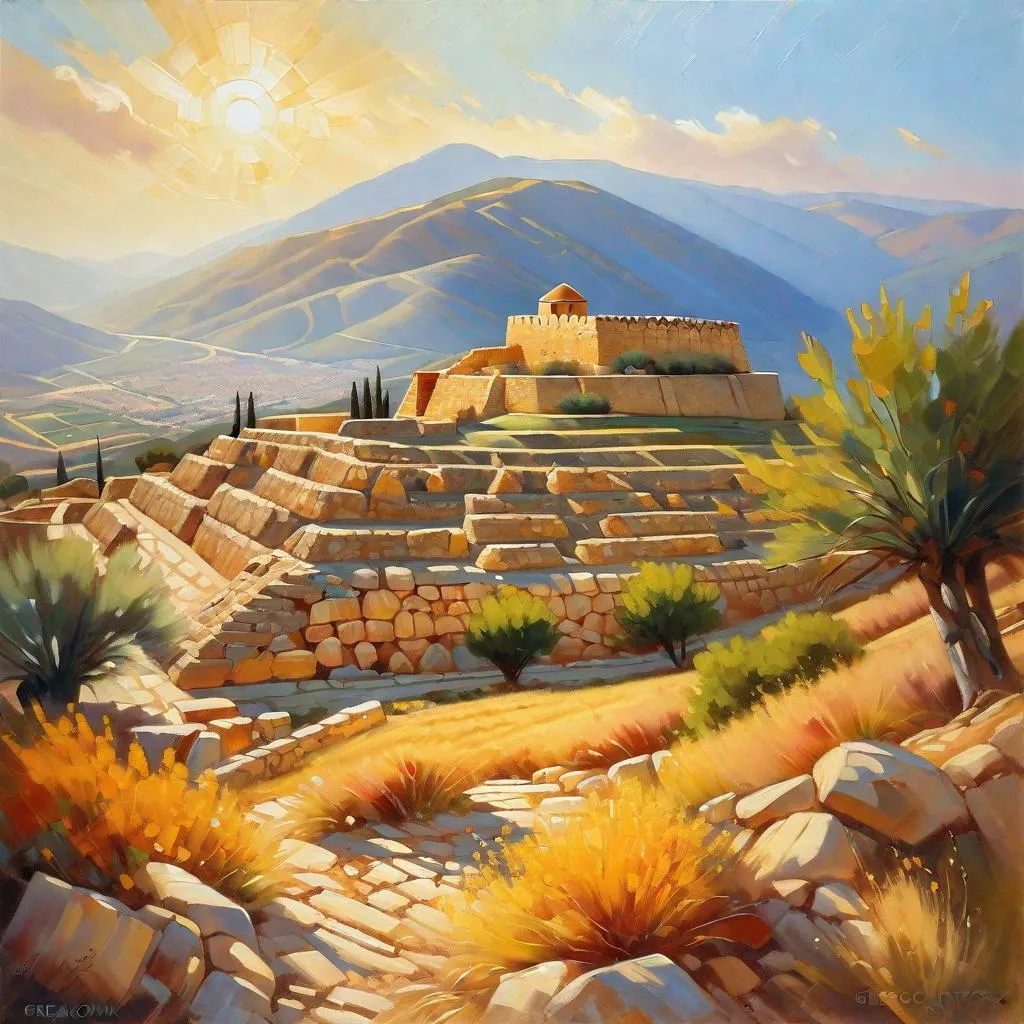 Prompt: Mycenae citadel, Greece, mountains in the background, fortress on a hill, sunny weather, hyperrealistic, extremely detailed painting by Greg Rutkowski by Steve Henderson 