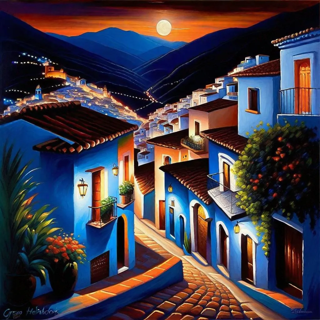 Prompt: Taxco at night, Taxco streets, mountains in the background, dark blue sky, moon, realistic, extremely detailed painting by Greg Rutkowski by Steve Henderson 