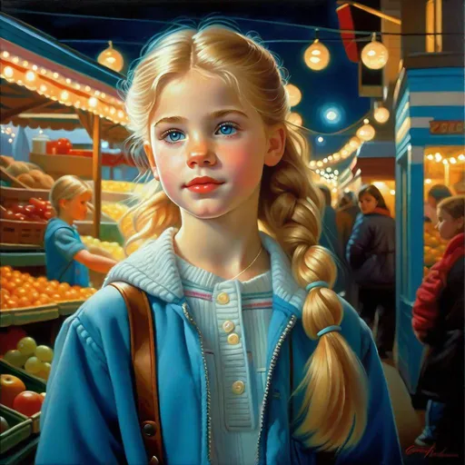 Prompt: A 13 years old Russian-American girl, pale skin, freckles, blonde hair, pigtails, icy blue eyes, night, market aisle, full body portrait, 80's movie, photorealisitc style, extremely detailed painting by Greg Rutkowski by Steve Henderson