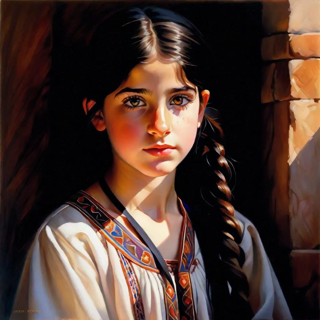 Prompt: A 13 years old Armenian girl, pale skin, freckles, black hair, pigtails, brown eyes, traditional Armenian dress, Yerevan, photorealistic, extremely detailed painting by Greg Rutkowski by Steve Henderson