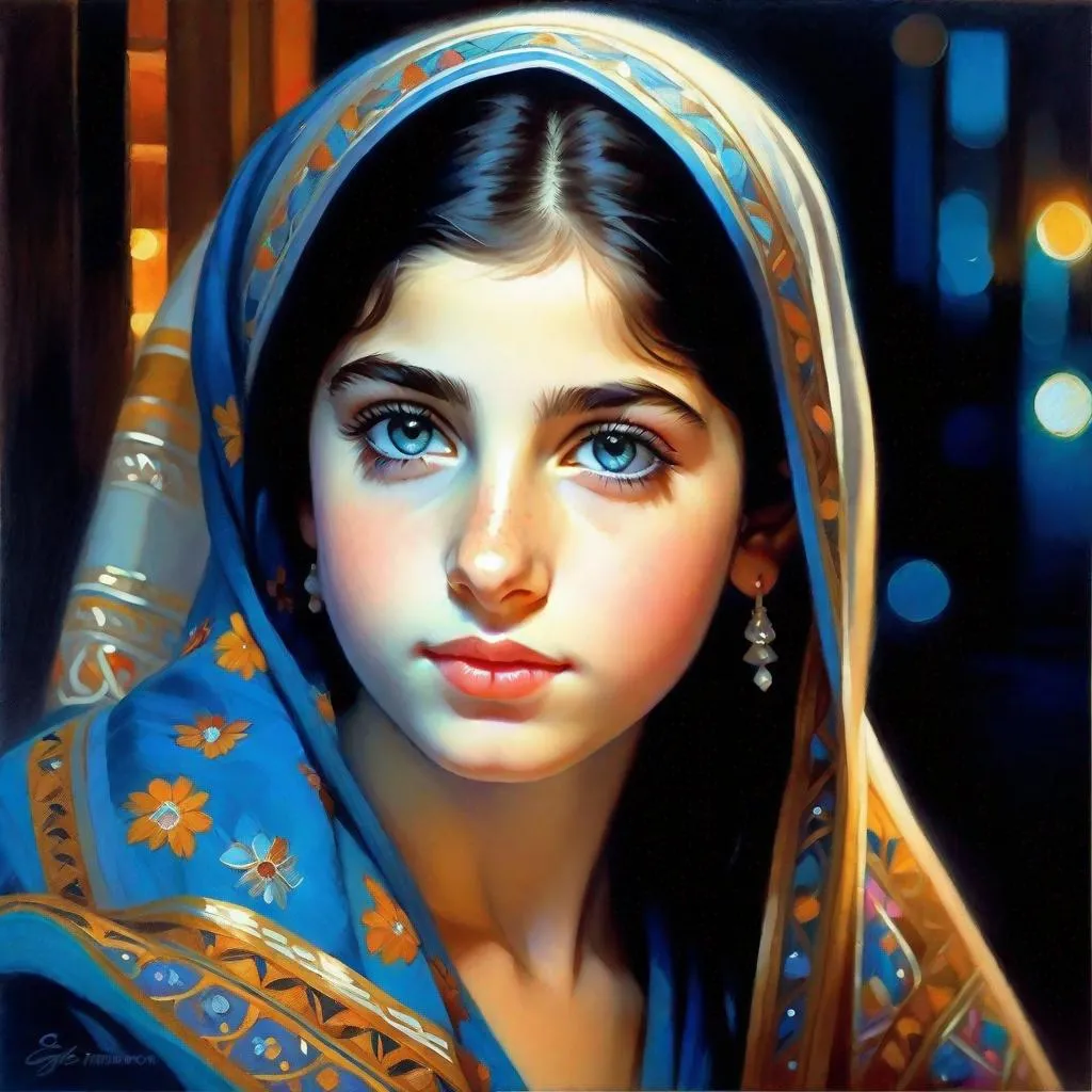 Prompt: A 13 years old Iranian girl, pale skin, freckles, black hair, pigtails, blue eyes, traditional Persian dress, Tehran at night, photorealistic, extremely detailed painting by Greg Rutkowski by Steve Henderson