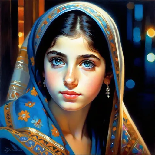 Prompt: A 13 years old Iranian girl, pale skin, freckles, black hair, pigtails, blue eyes, traditional Persian dress, Tehran at night, photorealistic, extremely detailed painting by Greg Rutkowski by Steve Henderson