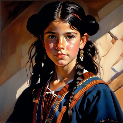 Prompt: A 13 years old Argentinian Castizo girl, pale skin, freckles, black hair, pigtails, brown eyes, traditional Gaucho dress, Cordoba, Argentina, photorealistic, extremely detailed painting by Greg Rutkowski by Steve Henderson