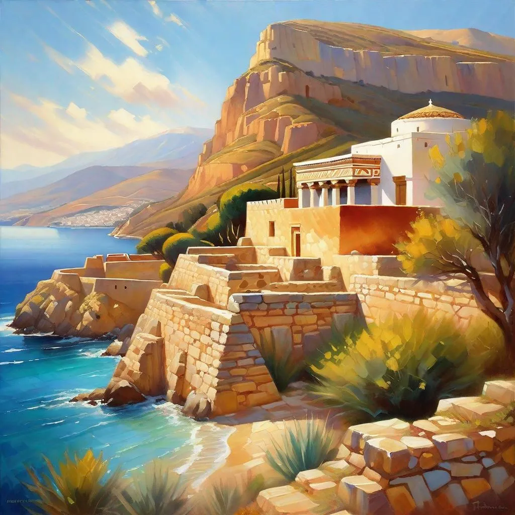 Prompt: Minoan palace, Greece, mountains in the background, fortress on a hill, sunny weather, hyperrealistic, extremely detailed painting by Greg Rutkowski by Steve Henderson 