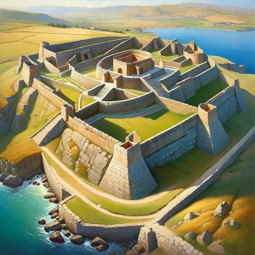 Prompt: Aerial view of Hattusa citadel, large cyclopean walls, merchants, guards, Hittite palace complex on hill, large temples, Late Bronze Age, historical reconstruction, sunny weather, hyperrealistic, extremely detailed painting by Greg Rutkowski by Steve Henderson