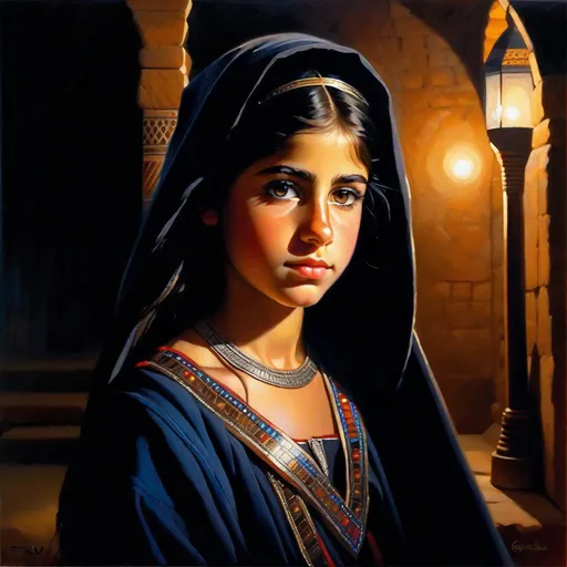 Prompt: A 13 years old Assyrian girl, pale skin, freckles, black hair, pigtails, brown eyes, traditional Assyrian dress, Mosul at night, photorealistic, extremely detailed painting by Greg Rutkowski by Steve Henderson