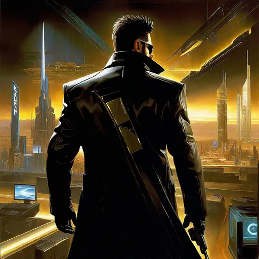Prompt: Deus Ex poster, PC game, 2000, montage, cyberpunk, dark, realistic, extremely detailed painting by Greg Rutkowski by Steve Henderson 