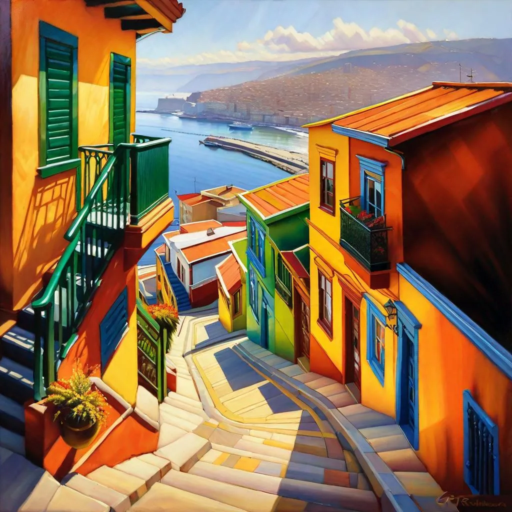Prompt: Valparaiso, Chile, photorealistic, extremely detailed painting by Greg Rutkowski by Steve Henderson