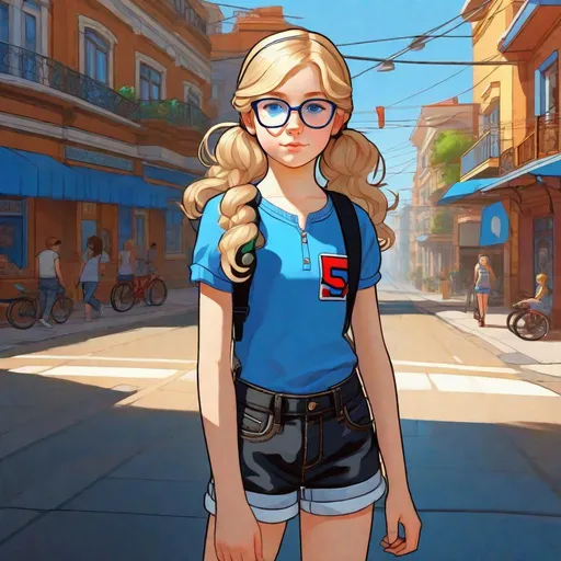 Prompt: 13 years old Russian-American girl, pale skin, freckles, wavy blonde hair, pigtails, icy blue eyes, gamer, glasses, warm weather, black shirt and blue jean shorts, streets, gameplay, Persona 5 style, cel shaded style, intricate, detailed face, by Greg Rutkowski.