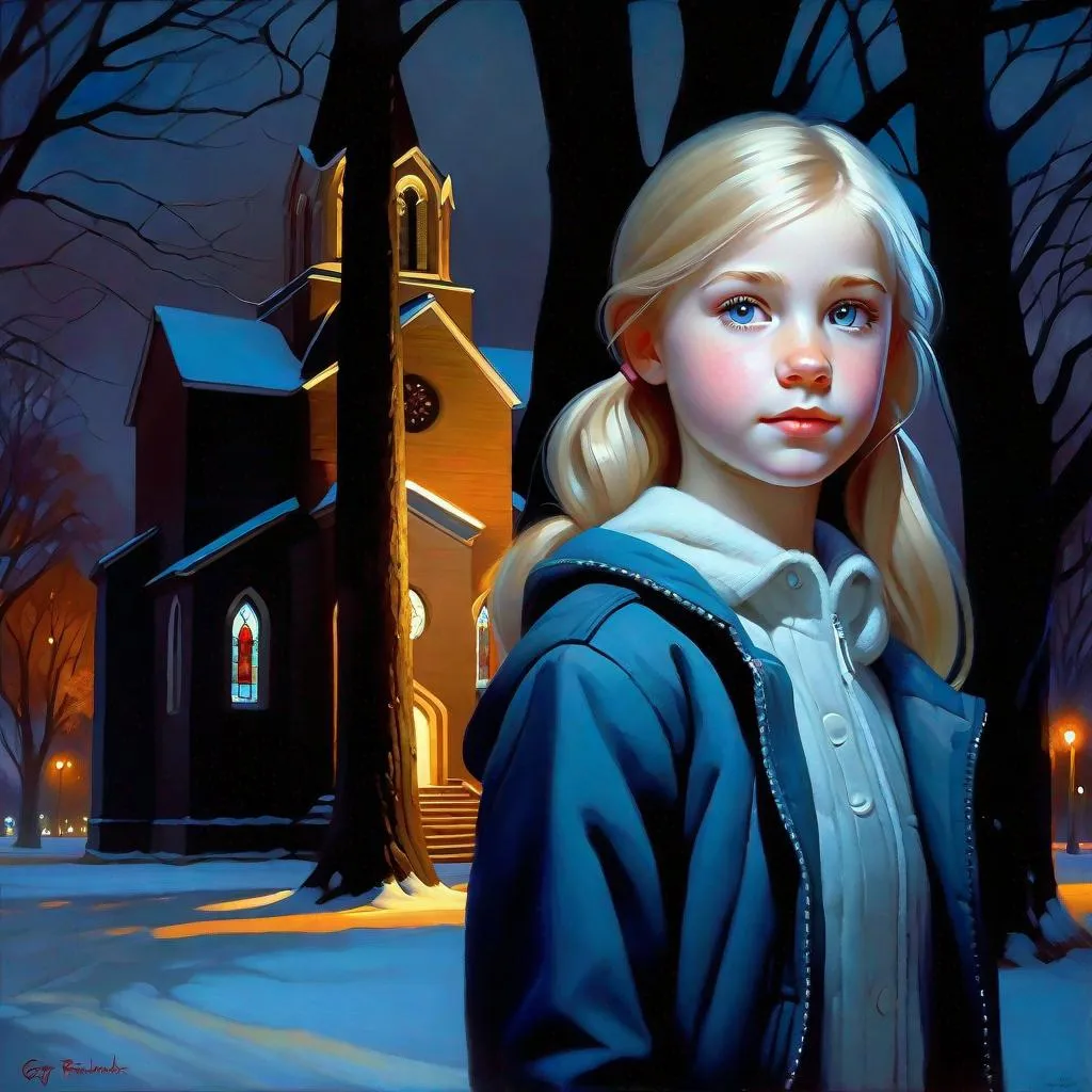 Prompt: A 13 years old Russian-American girl, pale skin, freckles, blonde hair, pigtails, blue eyes, cold weather, night, park, trees, creepy, spooky, church in the background, full body, third-person, gameplay, photorealistic, extremely detailed painting by Greg Rutkowski by Steve Henderson