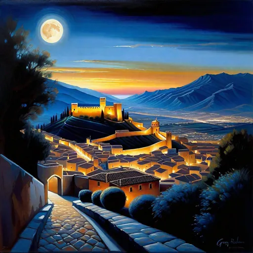 Prompt: Granada, streets, mountains in the background, fortress on a hill, dark blue sky, moon, hyperrealistic, extremely detailed painting by Greg Rutkowski by Steve Henderson 