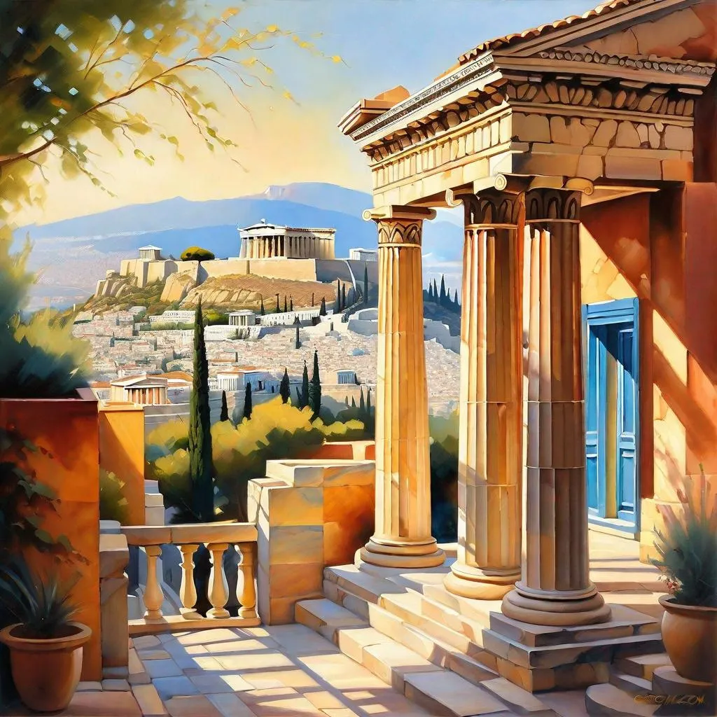 Prompt: Athens, streets, mountains in the background, Acropolis, sunny, hot weather, hyperrealistic, extremely detailed painting by Greg Rutkowski by Steve Henderson 