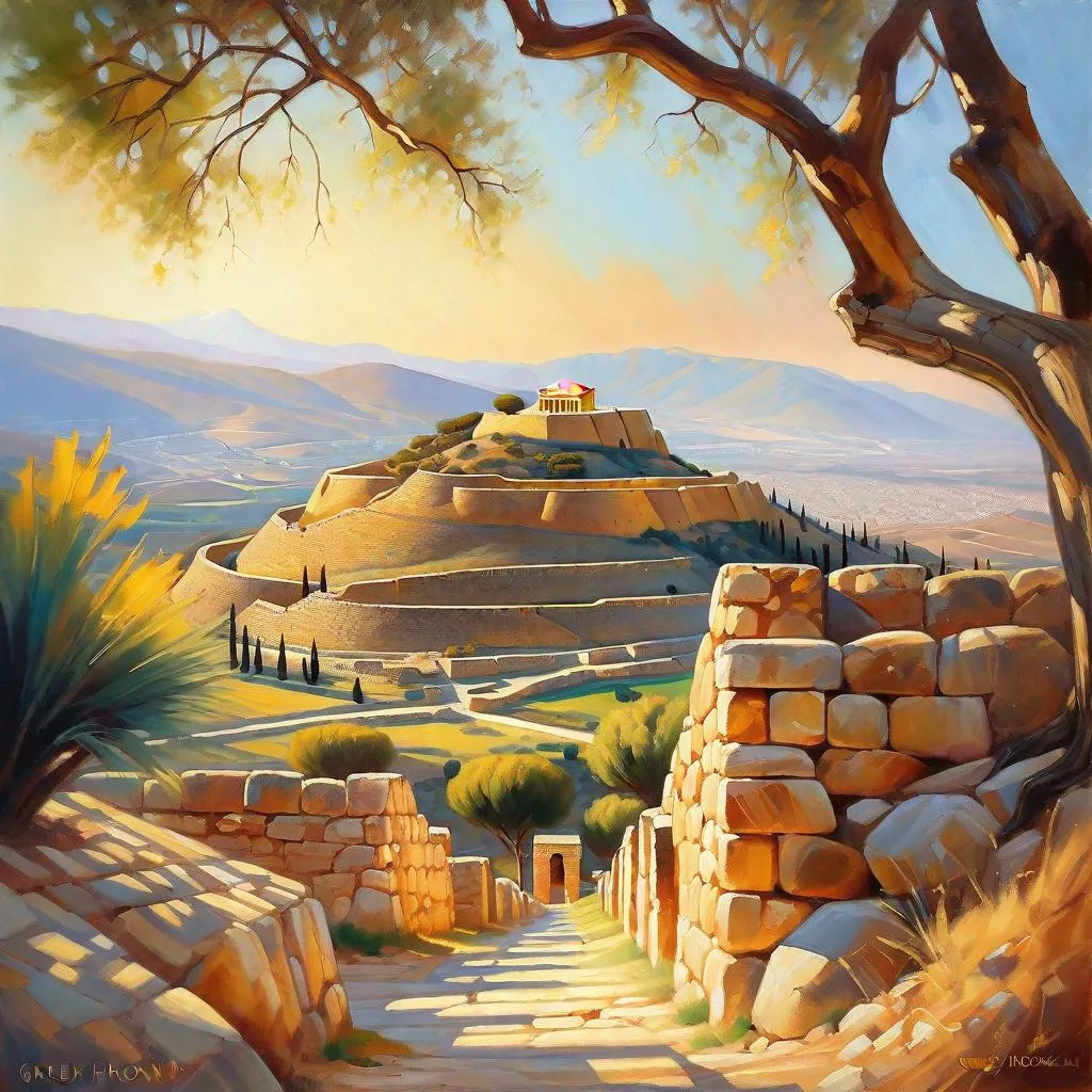 Prompt: Mycenae citadel, Greece, mountains in the background, fortress on a hill, sunny weather, hyperrealistic, extremely detailed painting by Greg Rutkowski by Steve Henderson 