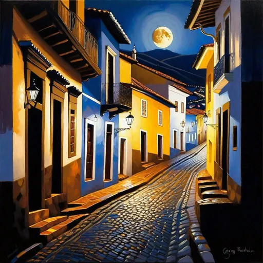 Prompt: Ouro Preto at night, Ouro Preto streets, dark blue sky, moon, realistic, extremely detailed painting by Greg Rutkowski by Steve Henderson 