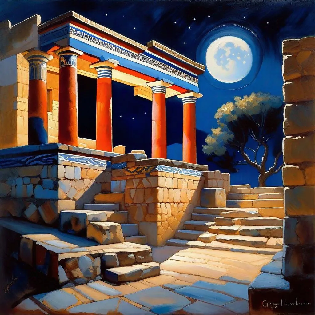 Prompt: Knossos at night, Knossos Palace, streets, bronze age, minotaur, dark blue sky, moon, realistic, extremely detailed painting by Greg Rutkowski by Steve Henderson 