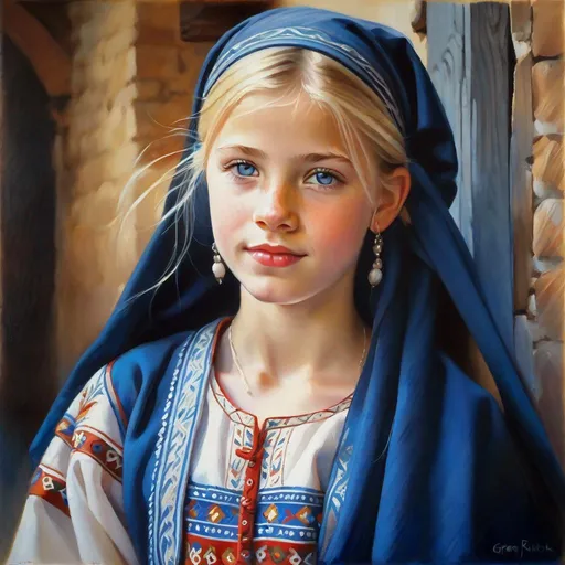 Prompt: A 13 years old Bosniak girl, pale skin, freckles, blonde hair, pigtails, blue eyes, traditional Bosniak dress, Sarajevo, photorealistic, extremely detailed painting by Greg Rutkowski by Steve Henderson