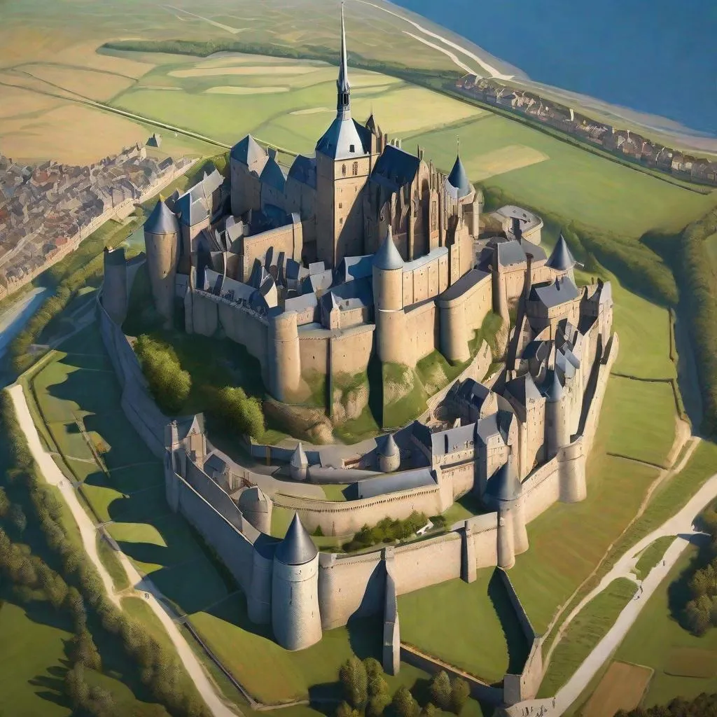 Prompt: Aerial view of Mont Saint-Michel, merchants, guards, castle and abbey complex on hill, Late Middle Ages, historical reconstruction, sunny weather, hyperrealistic, extremely detailed painting.