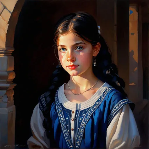 Prompt: A 13 years old Georgian girl, pale skin, freckles, black hair, pigtails, blue eyes, traditional Kartvelian dress, Tbilisi at night, photorealistic, extremely detailed painting by Greg Rutkowski by Steve Henderson