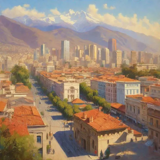 Prompt: Santiago de Chile historical center, streets, skyscrapers, mountains in the background, fortress on a hill, sunny, hot weather, hyperrealistic, extremely detailed painting by Greg Rutkowski by Steve Henderson 