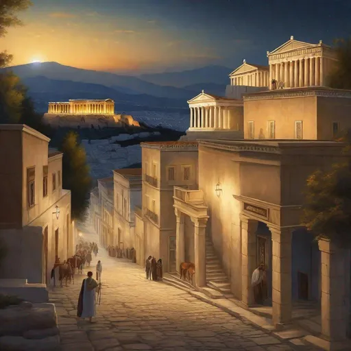 Prompt: Ancient Athens at night, streets, merchants, guards, Acropolis complex on hill, Classical Greece, historical reconstruction, sunny weather, hyperrealistic, extremely detailed painting.