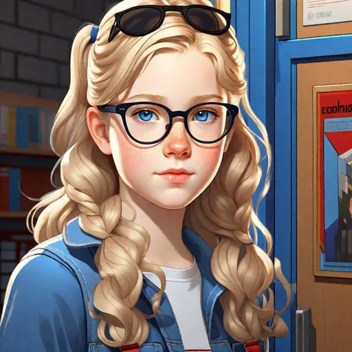 Prompt: 13 years old Russian-American girl, pale skin, freckles, wavy blonde hair, pigtails, icy blue eyes, glasses, black shirt and blue jean shorts, school corridors, gameplay, Persona 5 style, cel shaded style, intricate, detailed face, by Greg Rutkowski.