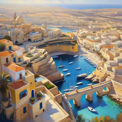 Prompt: Aerial view of Malta, photorealistic, extremely detailed painting by Greg Rutkowski by Steve Henderson