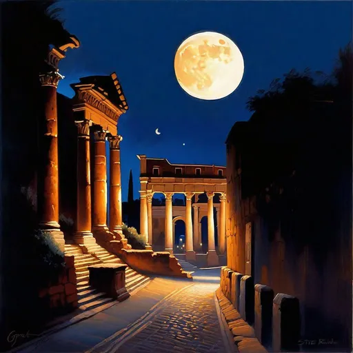 Prompt: Ancient Rome at night, Rome streets, Palatine Hill, dark blue sky, moon, realistic, extremely detailed painting by Greg Rutkowski by Steve Henderson 