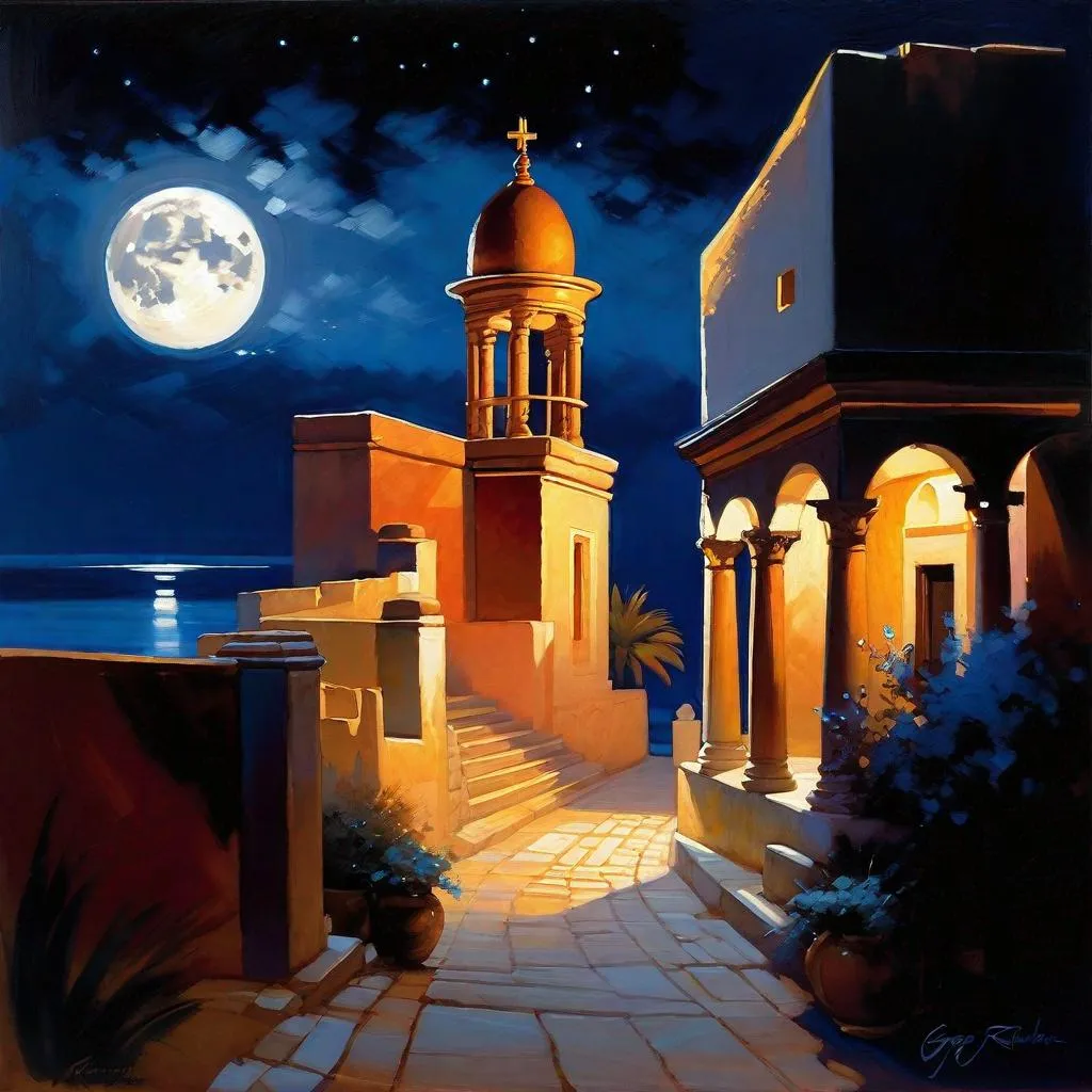 Prompt: Carthage at night, Ancient Carthage streets, dark blue sky, moon, realistic, extremely detailed painting by Greg Rutkowski by Steve Henderson 