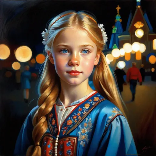 Prompt: A 13 years old Russian girl, pale skin, freckles, blond hair, pigtails, blue eyes, traditional Russian dress, Moscow at night, photorealistic, extremely detailed painting by Greg Rutkowski by Steve Henderson