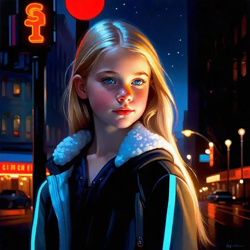 Prompt: A 13 years old Russian-American girl, pale skin, freckles, blonde hair, pigtails, blue eyes, cold weather, night, Downtown streets, neon signs, dark blue atmosphere, full body, third-person, gameplay, photorealistic, extremely detailed painting by Greg Rutkowski by Steve Henderson