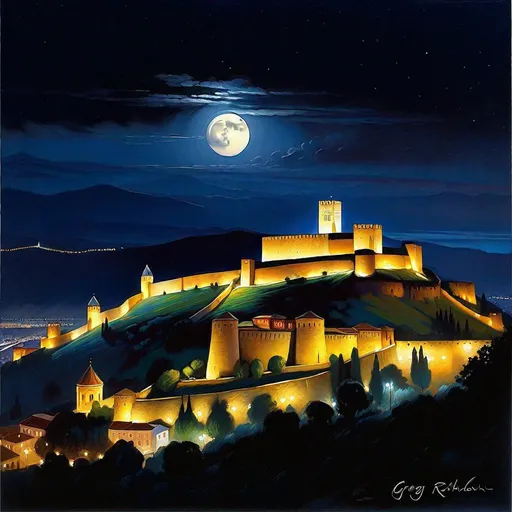 Prompt: Tbilisi at night, Narikala fortress, Old Tbilisi, dark blue sky, moon, realistic, extremely detailed painting by Greg Rutkowski by Steve Henderson 