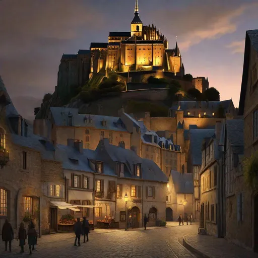 Prompt: Mont Saint-Michel at night, streets, merchants, guards, castle and abbey complex on hill, Late Middle Ages, historical reconstruction, sunny weather, hyperrealistic, extremely detailed painting.