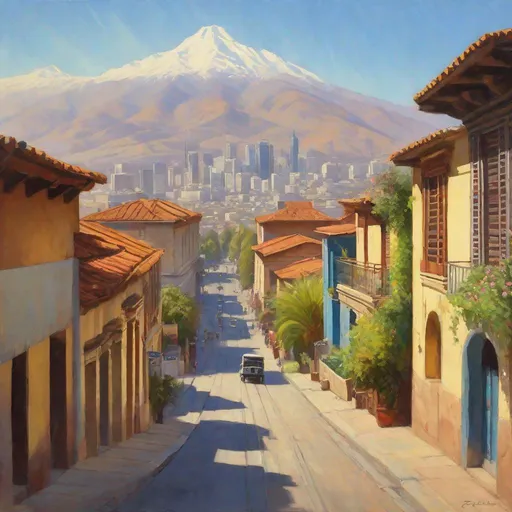 Prompt: Santiago de Chile historical center, streets, skyscrapers, mountains in the background, fortress on a hill, sunny, hot weather, hyperrealistic, extremely detailed painting by Greg Rutkowski by Steve Henderson 
