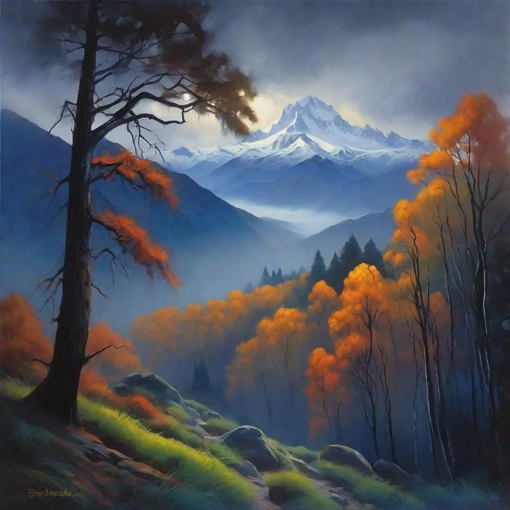 Prompt: Chile, forests, mist, mountains in the background, rainy, cool weather, dark blue skyes, night, hyperrealistic, extremely detailed painting by Greg Rutkowski by Steve Henderson 