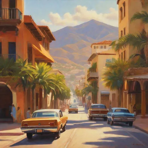 Prompt: Hispanic city historical center, streets, skyscrapers, mountains in the background, sunny, hot weather, hyperrealistic, extremely detailed painting by Greg Rutkowski by Steve Henderson 