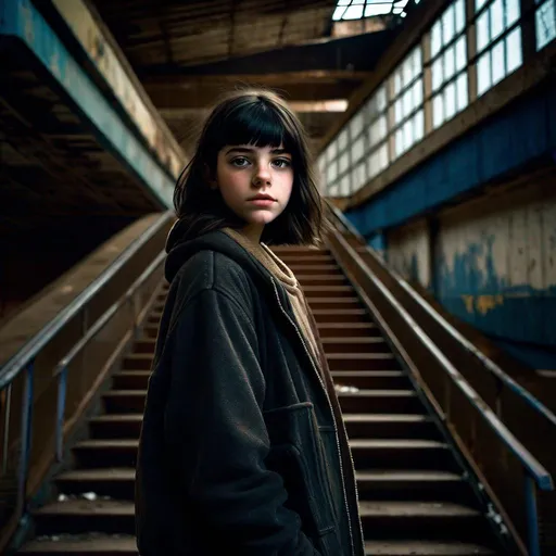 Prompt: A 13 years old Castizo Uruguayan girl, pale skin, freckles, black hair, messy short hair, bangs, brown eyes, cold weather, night, abandoned mall, interior, stairs, rusty, dirty, creepy, spooky, dark giant figure in the background, dark brown atmosphere, full body, third-person, full body portrait, photorealistic, extremely detailed painting by Greg Rutkowski by Steve Henderson