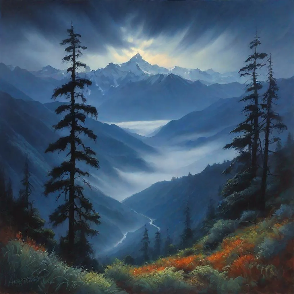 Prompt: Chile, forests, mist, mountains in the background, rainy, cool weather, dark blue skyes, night, hyperrealistic, extremely detailed painting by Greg Rutkowski by Steve Henderson 