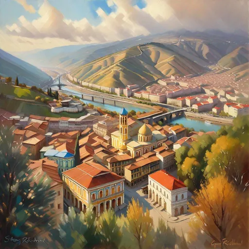 Prompt: Aerial view of Old Tbilisi, photorealistic, extremely detailed painting by Greg Rutkowski by Steve Henderson
