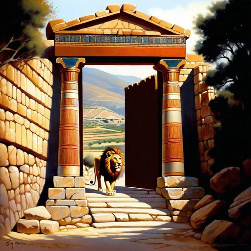 Prompt: Lion Gate entrance in Mycenae, cyclopean walls, merchants, guards, Mycenaean palace on hill, Late Bronze Age, historical reconstruction, sunny weather, hyperrealistic, extremely detailed painting by Greg Rutkowski by Steve Henderson