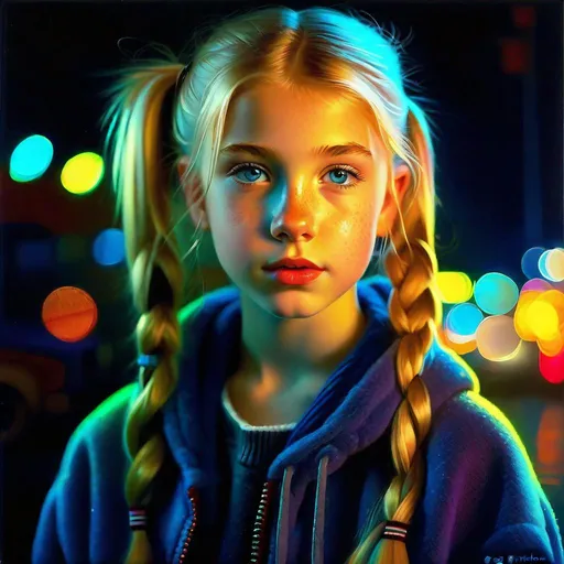 Prompt: A 13 years old Russian-American girl, pale skin, freckles, blonde hair, pigtails, blue eyes, cold weather, night, neon lights, ghetto, Brooklyn, full body portrait, photorealistic, extremely detailed painting by Greg Rutkowski by Steve Henderson