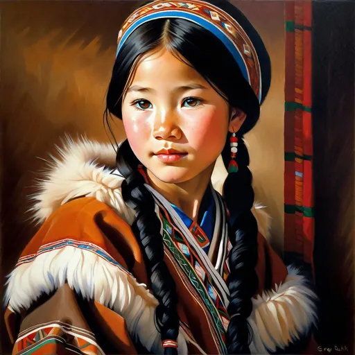 Prompt: A 13 years old Yakut girl, pale skin, freckles, black hair, pigtails, brown eyes, traditional Yakut dress, Yakutsk, photorealistic, extremely detailed painting by Greg Rutkowski by Steve Henderson