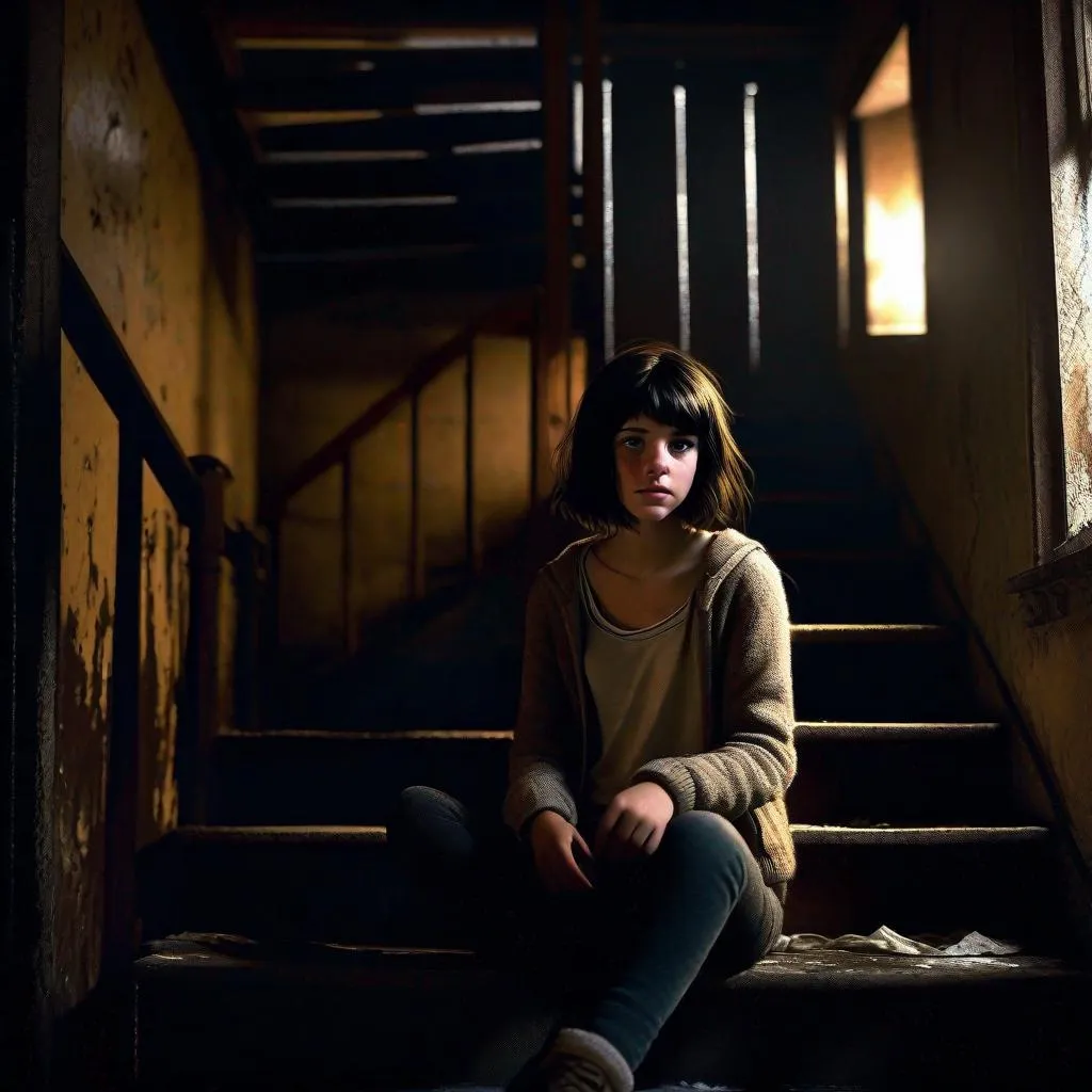 Prompt: A 13 years old Castizo Uruguayan girl, pale skin, freckles, black hair, messy short hair, bangs, brown eyes, cold weather, night, abandoned apartment, interior, stairs, , dirty, creepy, spooky, dark figure in the background, dark brown atmosphere, full body, third-person, full body portrait, photorealistic, extremely detailed painting by Greg Rutkowski by Steve Henderson