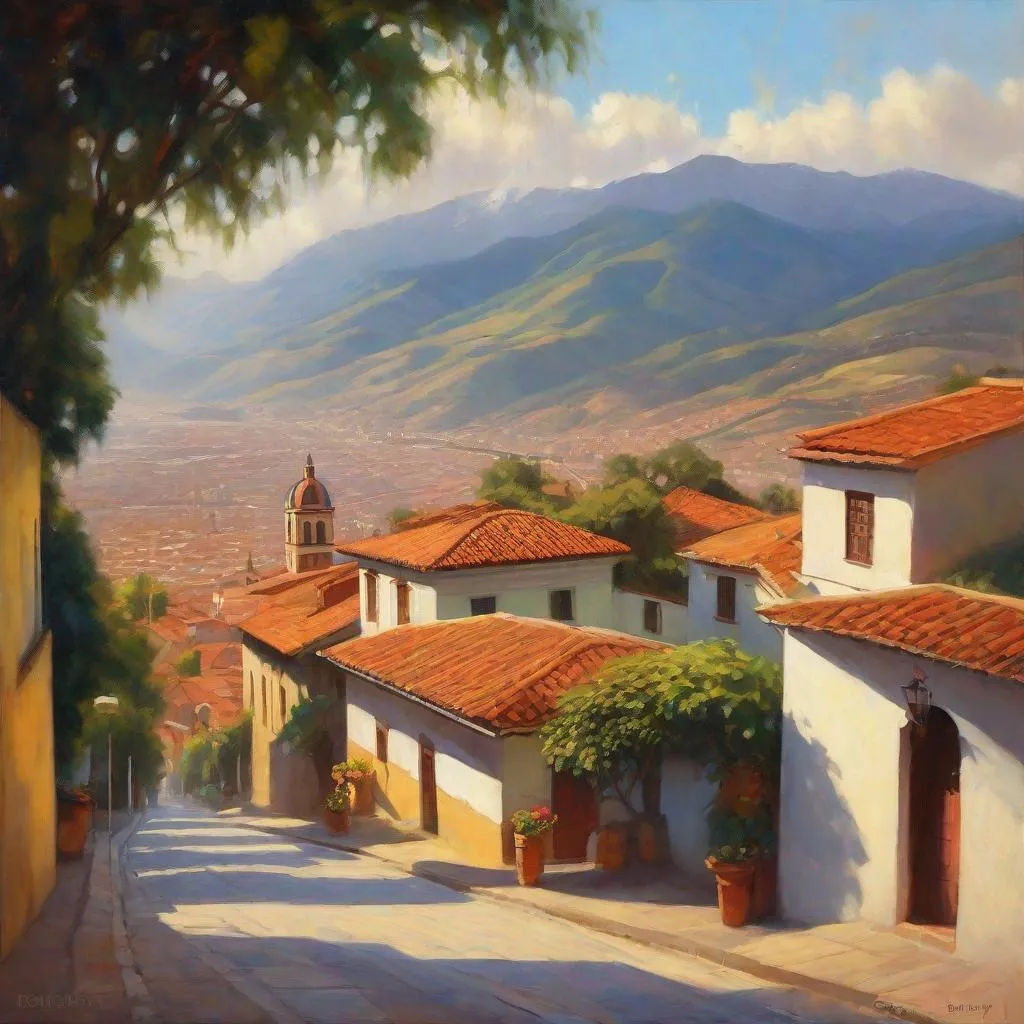 Prompt: Bogota Historical Center, streets, mountains in the background, fortress on a hill, sunny, hot weather, hyperrealistic, extremely detailed painting by Greg Rutkowski by Steve Henderson 