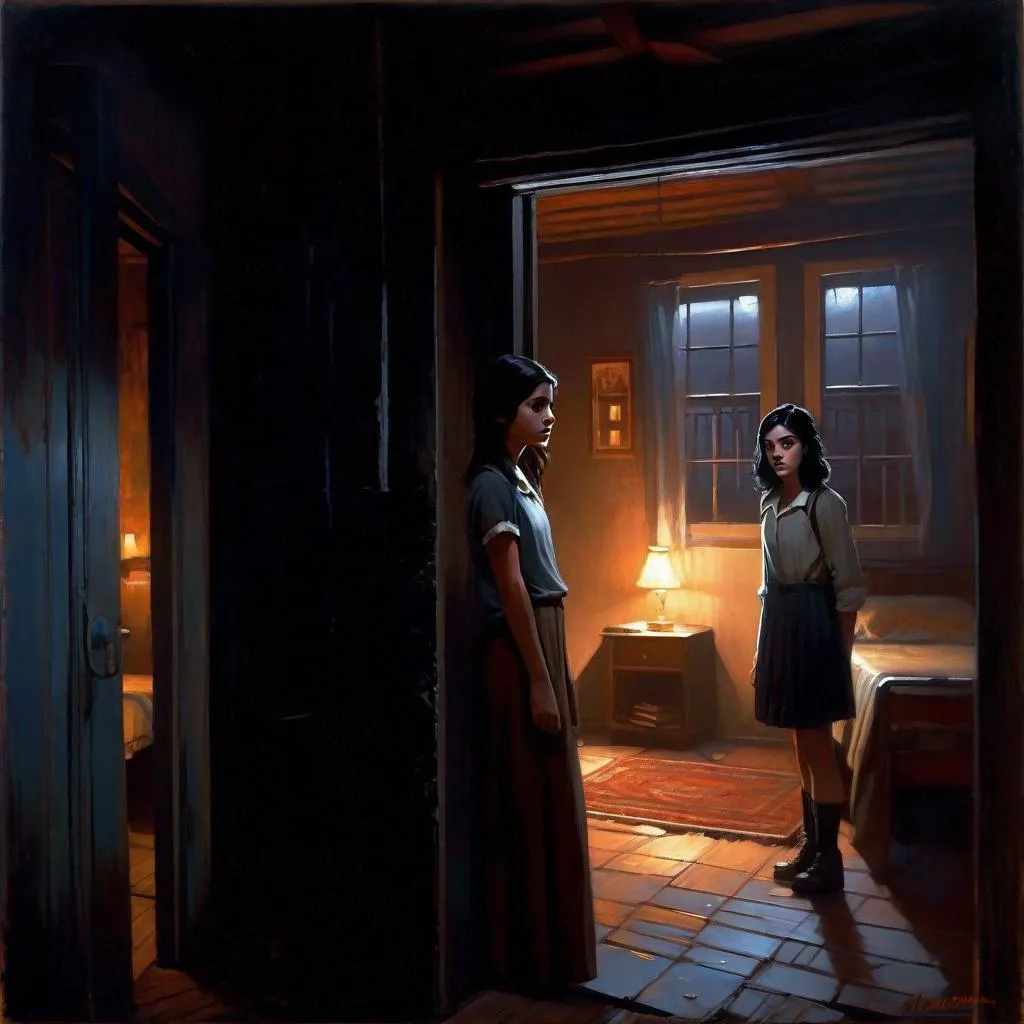 Prompt: A 13 years old Castizo Uruguayan girl, pale skin, freckles, black hair, brown eyes, cold weather, night, abandoned apartment, interior, creepy, spooky, dark figure in the background, dark brown atmosphere, full body, third-person, gameplay, full body portrait, photorealistic, extremely detailed painting by Greg Rutkowski by Steve Henderson