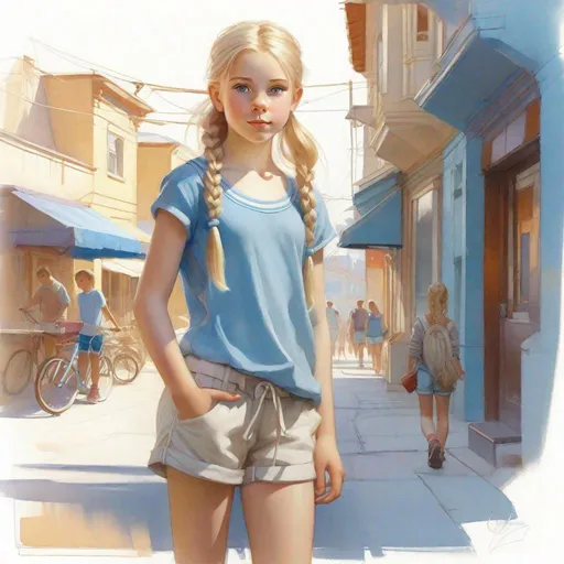 Prompt: A full body portrait of a 13 years old Russian-American girl, pale skin, freckles, blonde hair, pigtails, icy blue eyes, street clothes, shorts, sketch, drawing, concept art, extremely detailed by Greg Rutkowski by Steve Henderson