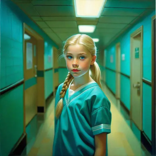 Prompt: A 13 years old Russian-American girl, pale skin, freckles, blonde hair, pigtails, blue eyes, cold weather, night, hospital corridor, turquoise-ish atmosphere, full body portrait, photorealistic, extremely detailed painting by Greg Rutkowski by Steve Henderson