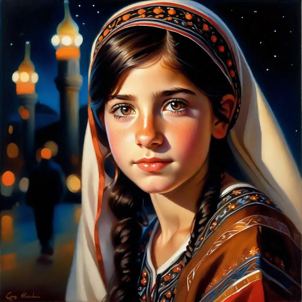 Prompt: A 13 years old Turkish girl, pale skin, freckles, black hair, pigtails, brown eyes, traditional Turkish dress, Istanbul at night, photorealistic, extremely detailed painting by Greg Rutkowski by Steve Henderson