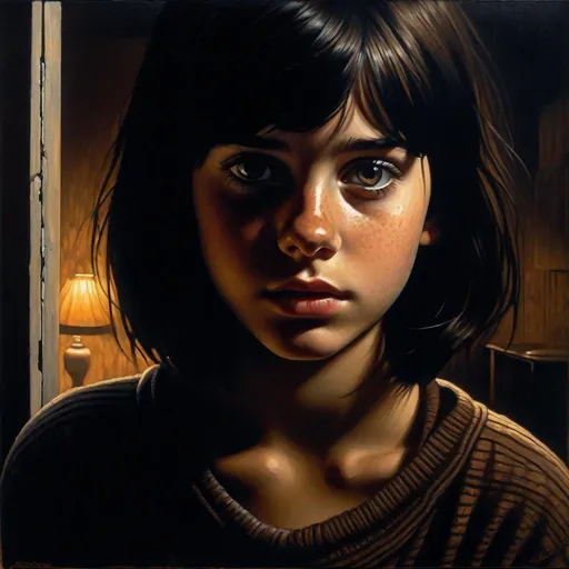 Prompt: A 13 years old Castizo Uruguayan girl, pale skin, freckles, black hair, short hair, bangs, brown eyes, cold weather, night, abandoned apartment, interior, creepy, spooky, dark figure in the background, dark brown atmosphere, full body, third-person, full body portrait, photorealistic, extremely detailed painting by Greg Rutkowski by Steve Henderson