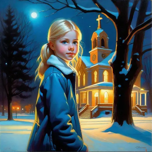 Prompt: A 13 years old Russian-American girl, pale skin, freckles, blonde hair, pigtails, blue eyes, cold weather, night, park, trees, creepy, spooky, church in the background, full body, third-person, gameplay, photorealistic, extremely detailed painting by Greg Rutkowski by Steve Henderson