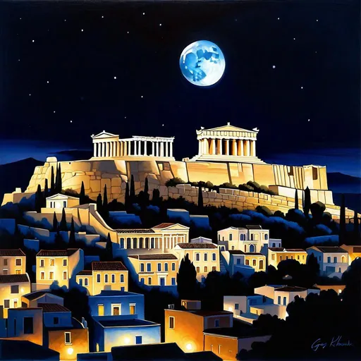 Prompt: Athens at night, Acropolis, Old Athens streets, dark blue sky, moon, realistic, extremely detailed painting by Greg Rutkowski by Steve Henderson 